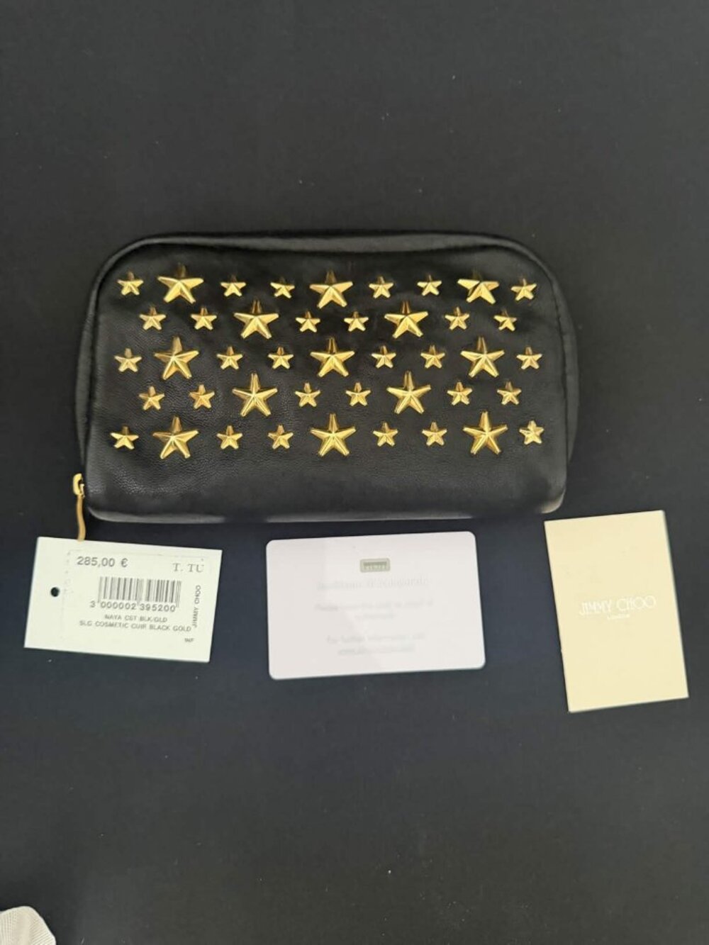 Jimmy Choo Naya CST Black & Gold Cosmetic Pouch NWT / Box